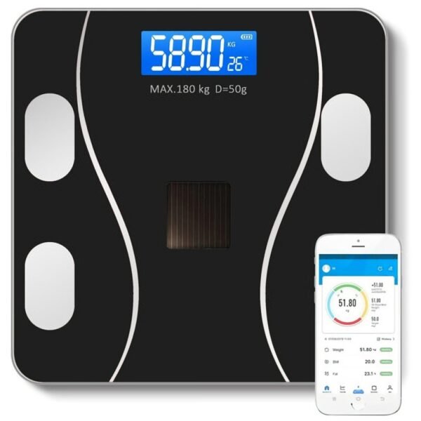 BALANZA BAÑO INTELIGENTE SMART SCALE APP BLUETOOTH PARA CELULAR RECARGABLE Y SOLAR