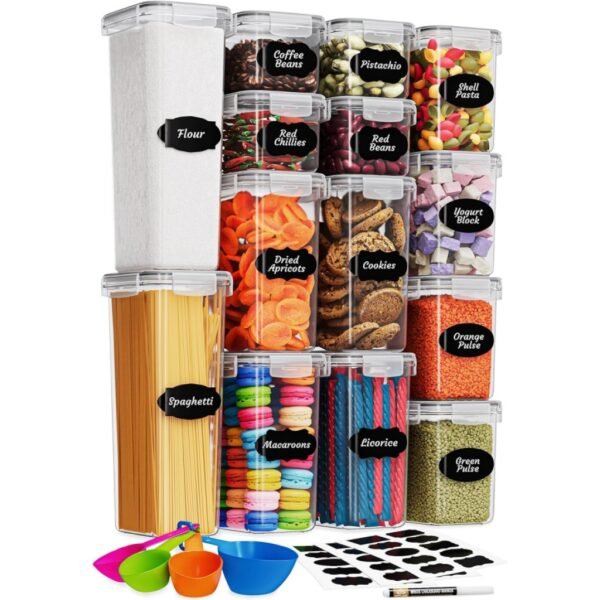 SET RECIPIENTES ALMACENAMIENTO DE ALIMENTOS CON TAPAS 14 PIEZAS PLASTICO ORGANIZADORES FRASCOS